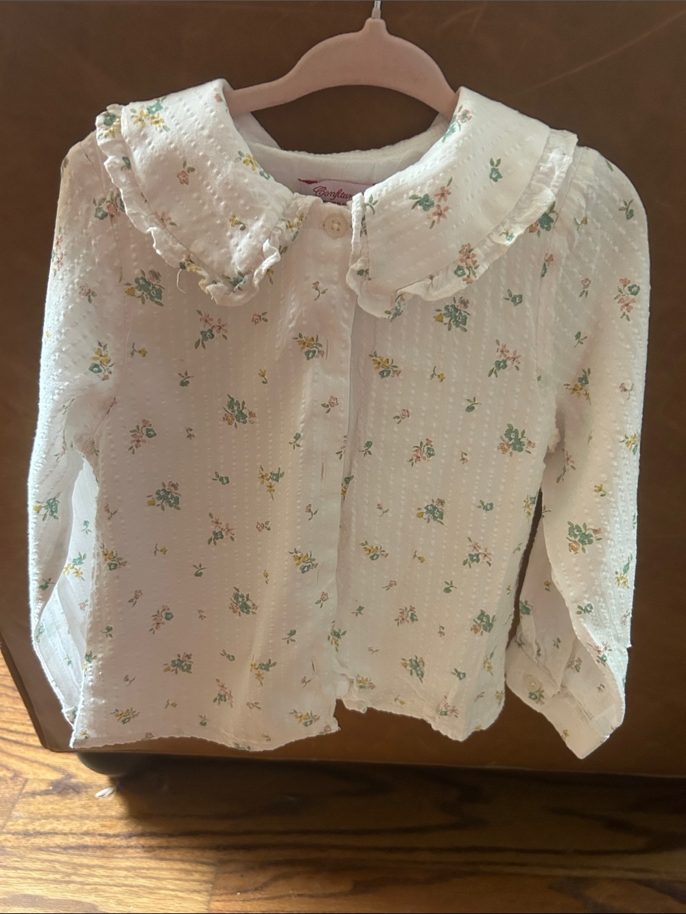 Trotters of London Girls' White Floral Button-Up Top with Ruffle Collar
